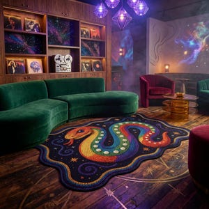 Op de afbeelding: Een zwart vloerkleed met een grote, regenboogkleurige slang met een getextureerd, geweven uiterlijk. Het kleed heeft een onregelmatige, golvende rand en is versierd met kleine witte cirkelvormige accenten en gouden stermotieven op het oppervlak.