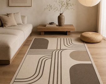 Japandi Rug, Neutral Abstract Arch Carpet, Minimalist Decor