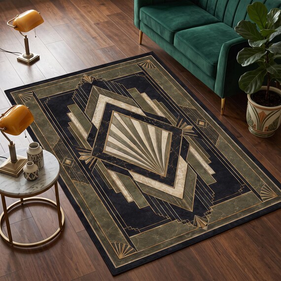 Olive Art Deco Area Rug, Gold Geometric Decor for Moody Living Room