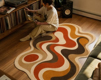 Retro Wavy Rug, Burnt Orange Flow Carpet, Mid Century Decor