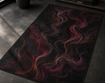 Abstract Smoke Rug, Black Red Wave Carpet, Gothic Living Room Decor