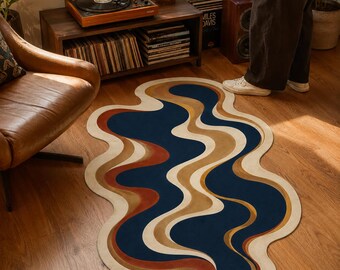 Abstract Wavy Rug, Navy Flow Carpet, Mid Century Room Decor