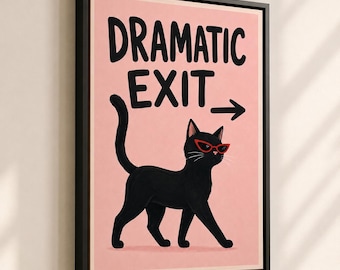 Dramatic Exit Cat Canvas Wall Art, Funny Black Cat Print, Pink Decor