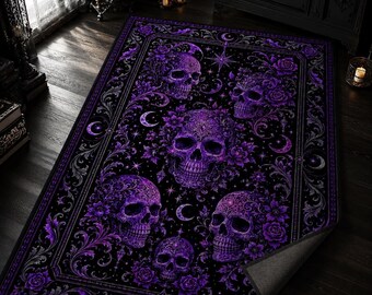 Gothic Skull Rug, Purple Rose Moon Carpet, Witchy Room Decor