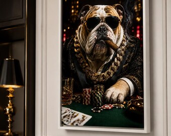 Funny Bulldog Canvas Wall Art, Casino Dog Print, Man Cave Decor