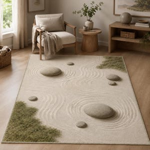 May include: A rectangular area rug featuring a beige background with a textured pattern of raked sand ripples and several smooth, rounded grey stones. The design includes patches of mossy green texture in two corners, mimicking a zen garden.