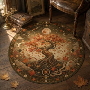 May include: A circular rug featuring a central gnarled tree with vibrant orange and red autumn leaves. The design includes celestial moon phases, stars, and a compass rose motif within a dark border decorated with small white floral accents.