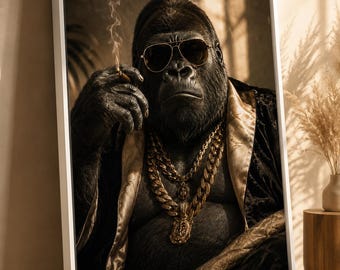 Funny Gorilla Canvas Wall Art, Gold Chain Ape Print, Masculine Office Decor