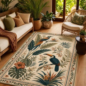 Botanical Toucan Rug, Tropical Bird Carpet, Jungle Room Decor