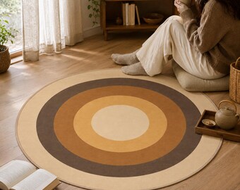 Brown Round Rug, Retro Circle Carpet, Mid Century Room Decor