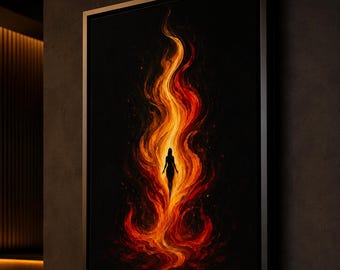 Fire Woman Canvas Wall Art, Abstract Flame Silhouette, Dark Room Decor
