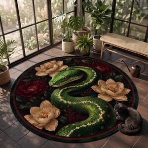 Green Snake Rug, Emerald Serpent Round Rug, Witchy Bedroom Decor