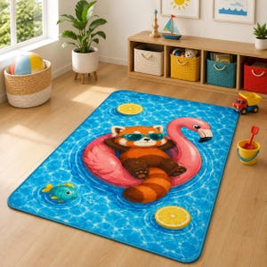 May include: A rectangular area rug featuring a blue swimming pool water pattern with a red panda wearing teal sunglasses floating on a pink flamingo pool float, accompanied by a small blue fish and two yellow lemon slices floating in the water.
