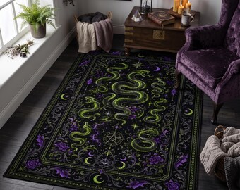 Snake Rug, Green Serpent Occult Carpet, Witchy Goth Decor
