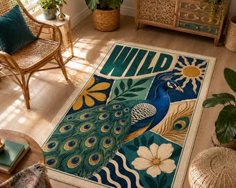 Wild Peacock Rug, Tropical Feather Carpet, Boho Room Decor