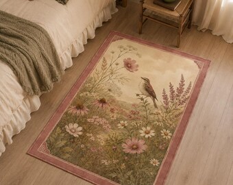 Cottagecore Rug, Wildflower Bird Carpet, Floral Bedroom Decor