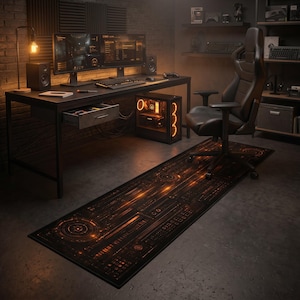 Orange Cyberpunk Rug, Futuristic HUD Runner, Gamer Room Carpet