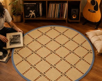 Round Boho Rug, Blue Border Lattice Carpet, Vintage Room Decor