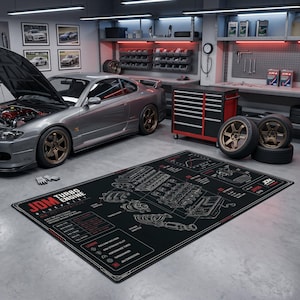 JDM Turbo Engine Rug, Automotive Blueprint Garage Carpet