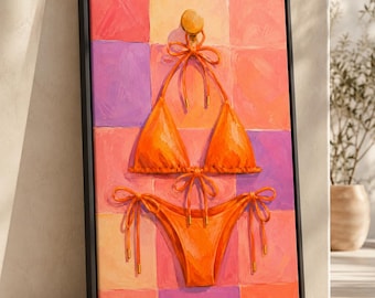 Orange Bikini Canvas Wall Art, Summer Swimwear Print, Bathroom Decor