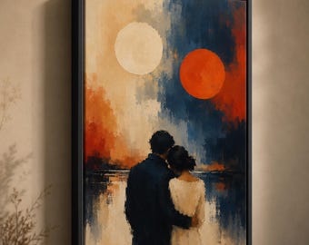 Sunset Couple Canvas Wall Art, Abstract Moon Print, Bedroom Decor