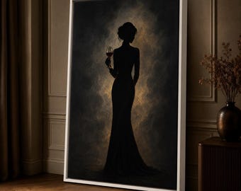 Woman Silhouette Canvas Wall Art, Moody Wine Portrait, Lounge Decor