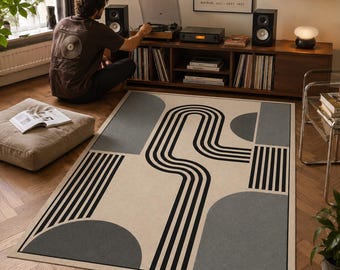 Blue Gray Rug, Abstract Arch Area Carpet, Modern Living Room Decor