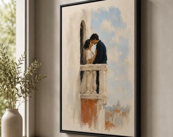 Romantic Balcony Canvas Wall Art, Couple Kiss Print, Bedroom Decor