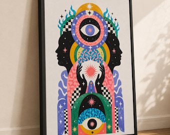 Celestial Woman Canvas Wall Art, Third Eye Boho Print, Mystical Decor