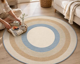 Blue Round Rug, Coastal Circle Carpet, Japandi Living Room Decor