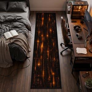 Orange Matrix Rug, Cyberpunk Code Runner, Gamer Room Carpet