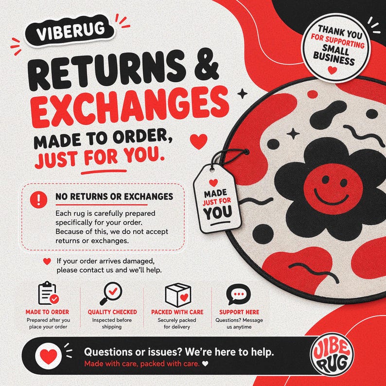 The image is a vibrant advertisement for Viberug, a small business that specializes in returns and exchanges. The ad features a large red and black flower design with a smiling face, surrounded by various text elements and icons. The text highlights the company's commitment to providing a personalized and caring experience for their customers, and encourages them to contact the company for any issues or questions.