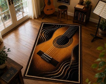 May include: A rectangular area rug featuring a large, detailed graphic of an acoustic guitar in shades of brown, gold, and black. The design includes flowing, wave-like lines surrounding the guitar body, set against a dark, textured background.