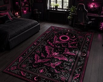 Gothic Bat Rug, Pink Eclipse Carpet, Witchy Gamer Room Decor