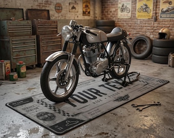 Retro Motorcycle Garage Pit Lane Mat, Vintage Service Station Floor Rug