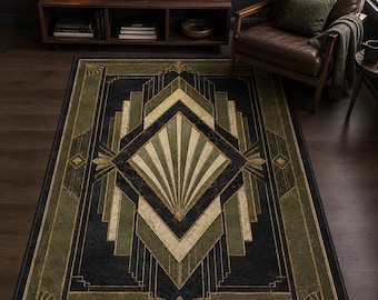 Olive Art Deco Area Rug, Gold Geometric Decor for Moody Living Room