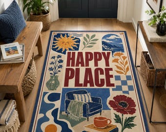 Alfombra Happy Place, alfombra retro floral color café, decoración acogedora para la habitación.