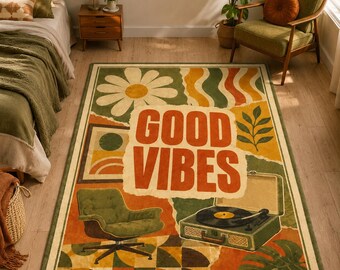 Alfombra Good Vibes, alfombra de vinilo retro, decoración para sala de música estilo boho.