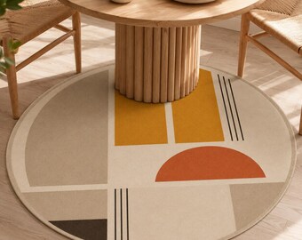 Bauhaus Round Rug, Neutral Yoga Room Carpet, Mid Century Decor