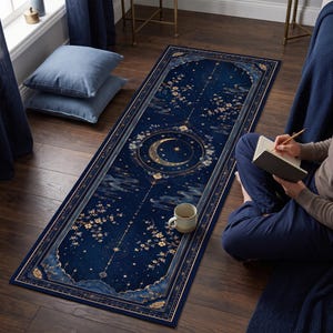 May include: A rectangular runner rug featuring a deep navy blue background with a celestial design. The pattern includes a central crescent moon, golden stars, stylized clouds, and delicate floral branches arranged in a symmetrical layout.
