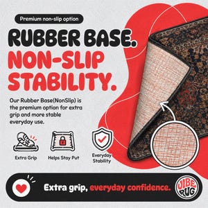 The image is an advertisement for a rubber base rug with non-slip stability. It features a close-up of the rug's texture and a description of its features.