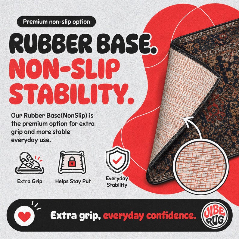 The image is an advertisement for a rubber base rug with non-slip stability. It features a close-up of the rug's texture and a description of its features.