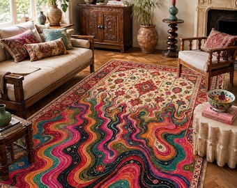 Op de afbeelding: Een groot rechthoekig vloerkleed met een levendig, meerkleurig ontwerp met vloeiende, golvende lijnen in tinten roze, groenblauw, oranje en zwart, geaccentueerd door een crèmekleurig gedeelte met een bloemenpatroon aan de bovenkant en een decoratieve rand.