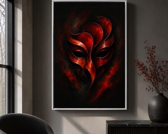 Red Masquerade Mask Canvas Wall Art, Gothic Abstract, Dark Room Decor