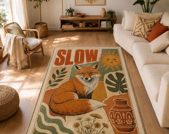 Slow Fox Rug, Woodland Sun Carpet, Earth Tone Boho Decor