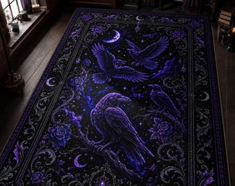 Raven Rug, Purple Crow Moon Carpet, Gothic Witchy Decor