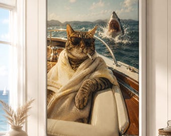 Funny Cat Canvas Wall Art, Yacht Shark Print, Coastal Bathroom Decor