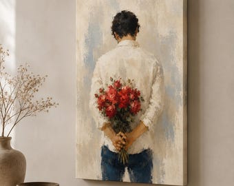 Romantic Rose Canvas Wall Art, Man With Bouquet Print, Bedroom Decor