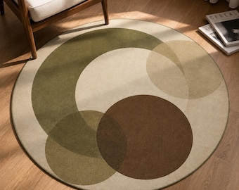 Abstract Round Rug, Olive Circle Carpet, Mid Century Room Decor