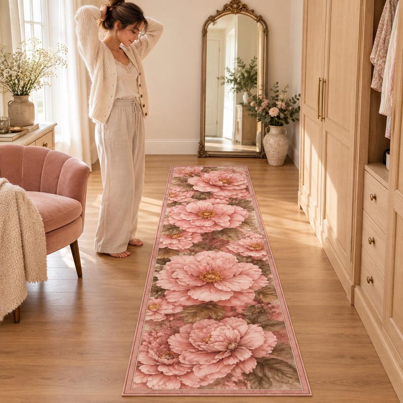 Pink Flowr Rug Pattern Pink Floral Runner Rug, Romantic Botanical Decor, Bedroom Accent - Etsy